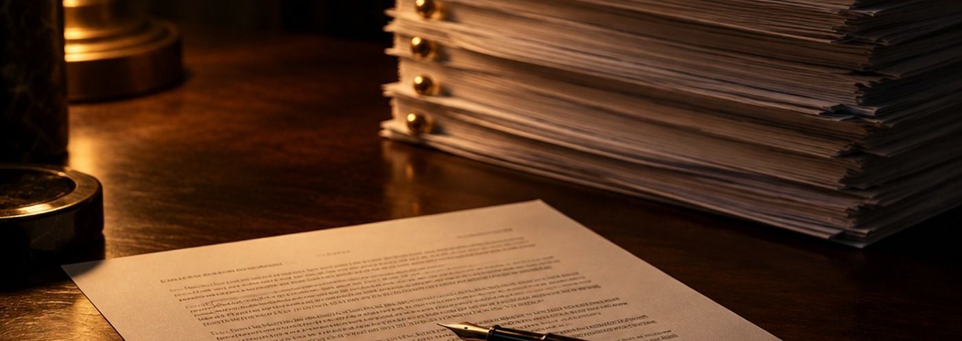 A thick stack of contracts on a desk beside a pen and a signature page, lit from one side