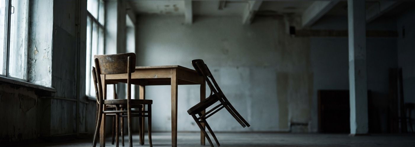 Two chairs facing each other across a bare table, one pushed back and turned away