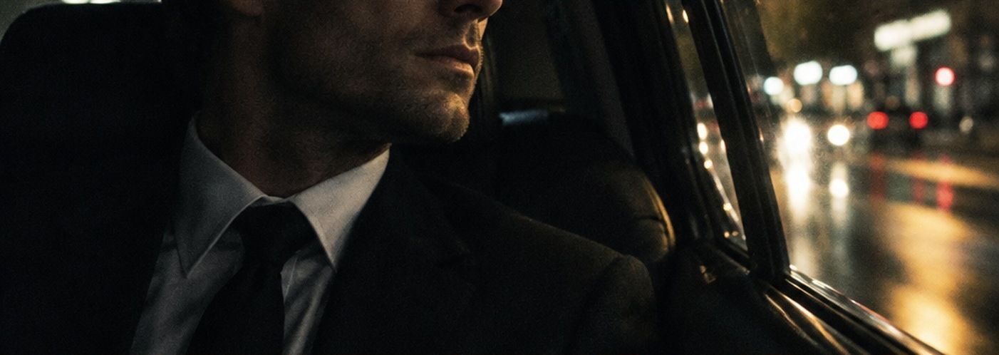 A man in a dark suit riding alone in a car at night, saying nothing