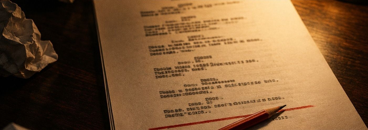 A screenplay page on a desk with a red pencil striking through the last lines of a scene, warm lamplight