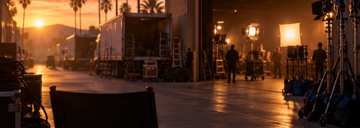 A film production truck and lighting rig parked on a quiet city street at dusk