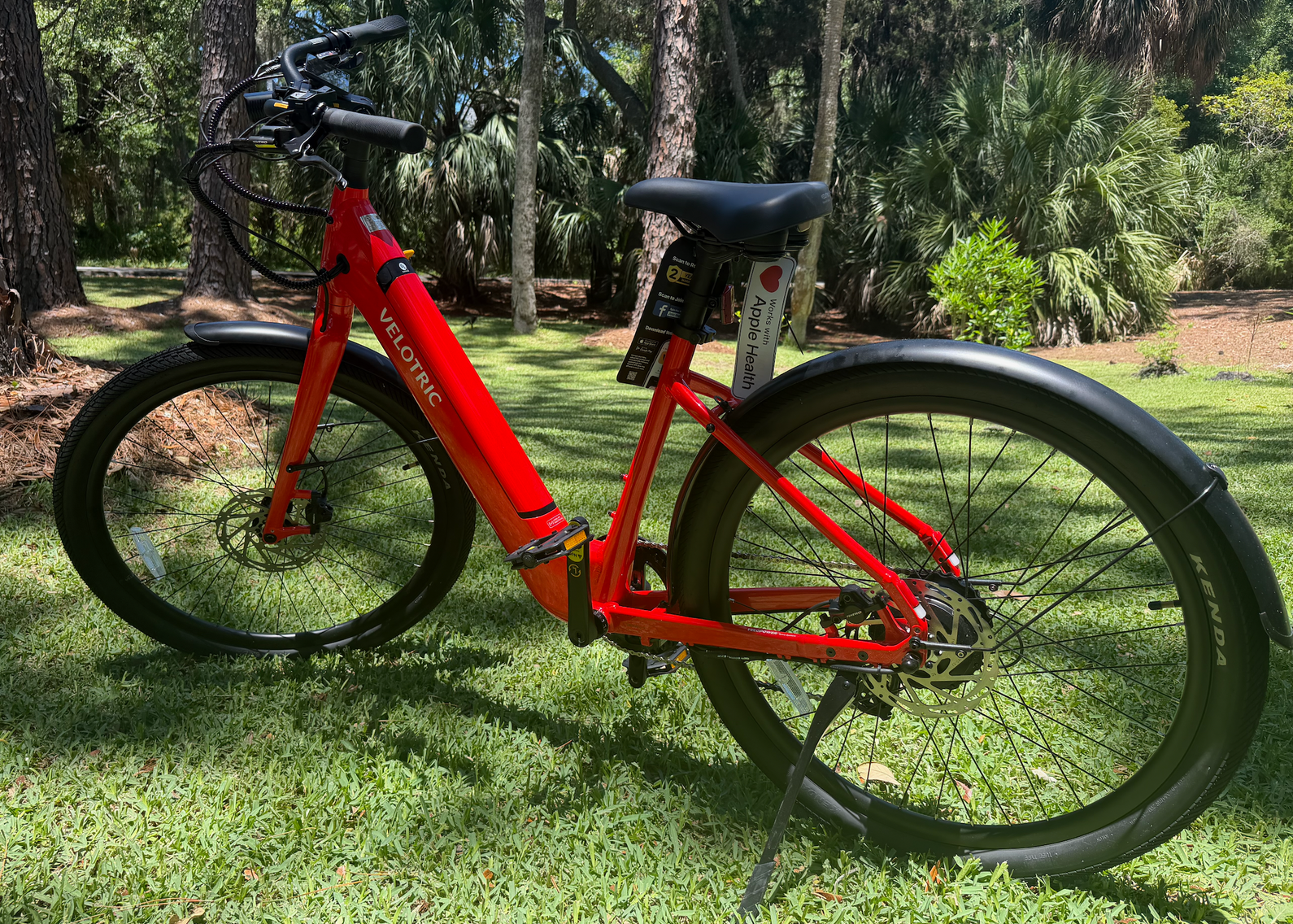 Red bicycle on grass in a park, with trees in the background.