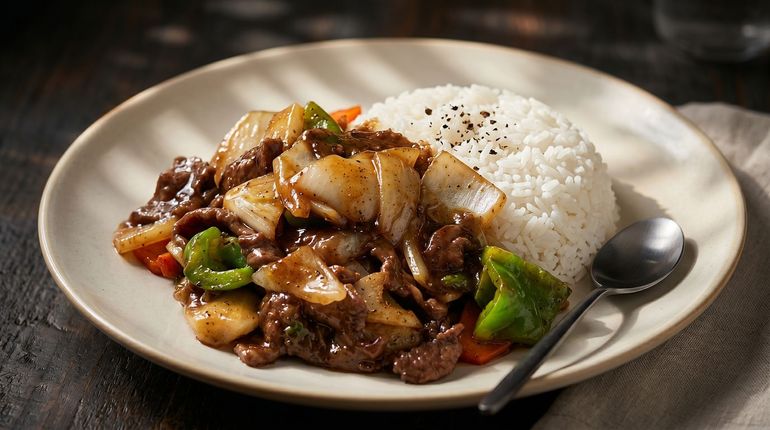 Plate of beef and vegetables with white rice on a dining table