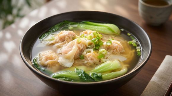 Bowl of clear noodle soup with shrimp and green vegetables on a wooden table