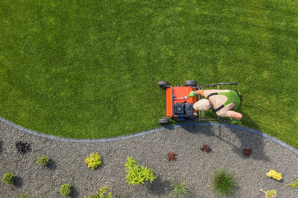 an aerial view of a person riding a lawn mower on a lush green lawn .
