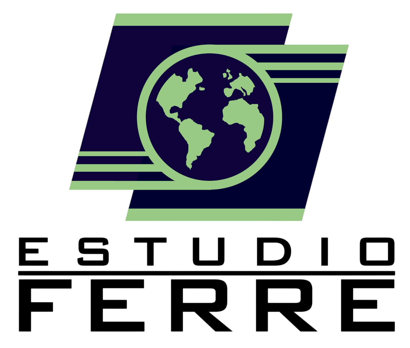 Logotipo con la inscripción “Estudio Ferre”, un icono de un globo terráqueo verde y rayas azul marino y verdes.