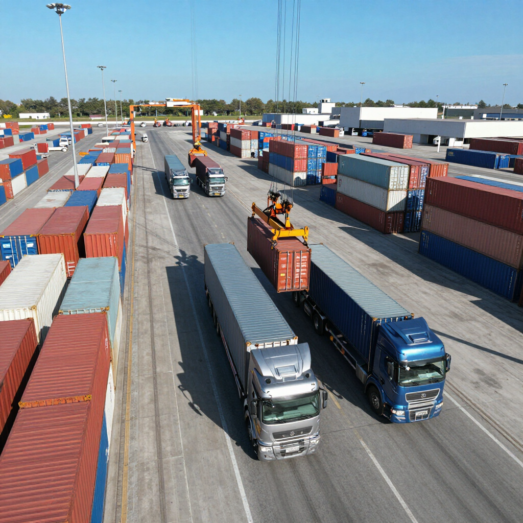 Camiones de carga circulando por una zona de contenedores junto a pilas de contenedores de transporte.