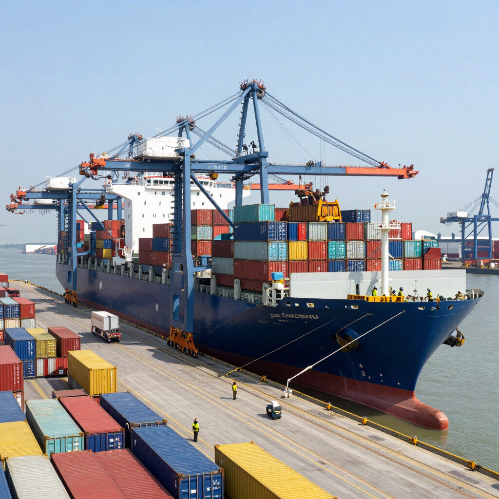 Buque portacontenedores cargado con coloridos contenedores de carga en un puerto concurrido con grúas y trabajadores.