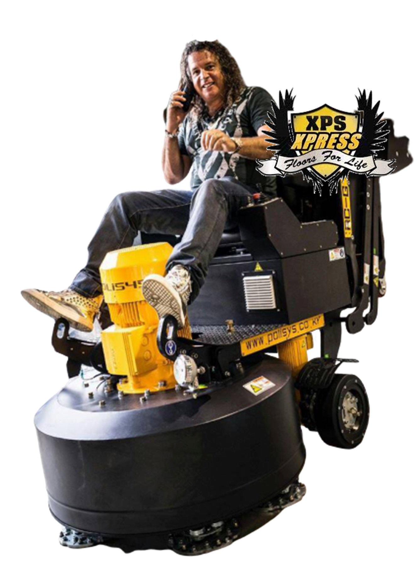 I Make Jewelry You Can Walk On! Person sitting on a yellow-and-black XPS pressure washer, holding a phone, with logo at right