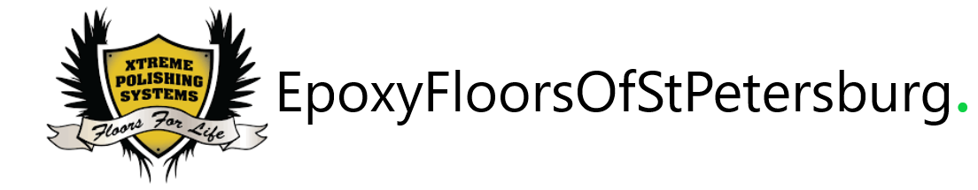 Logo for EpoxyFloorsOfStPetersburg with a yellow shield emblem and black text on a white background
