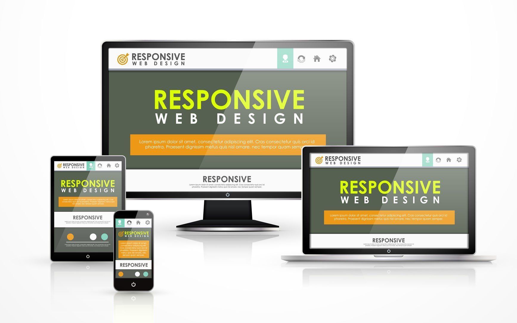 Responsive web design mockup on desktop, laptop, tablet, and phone screens with green and orange text