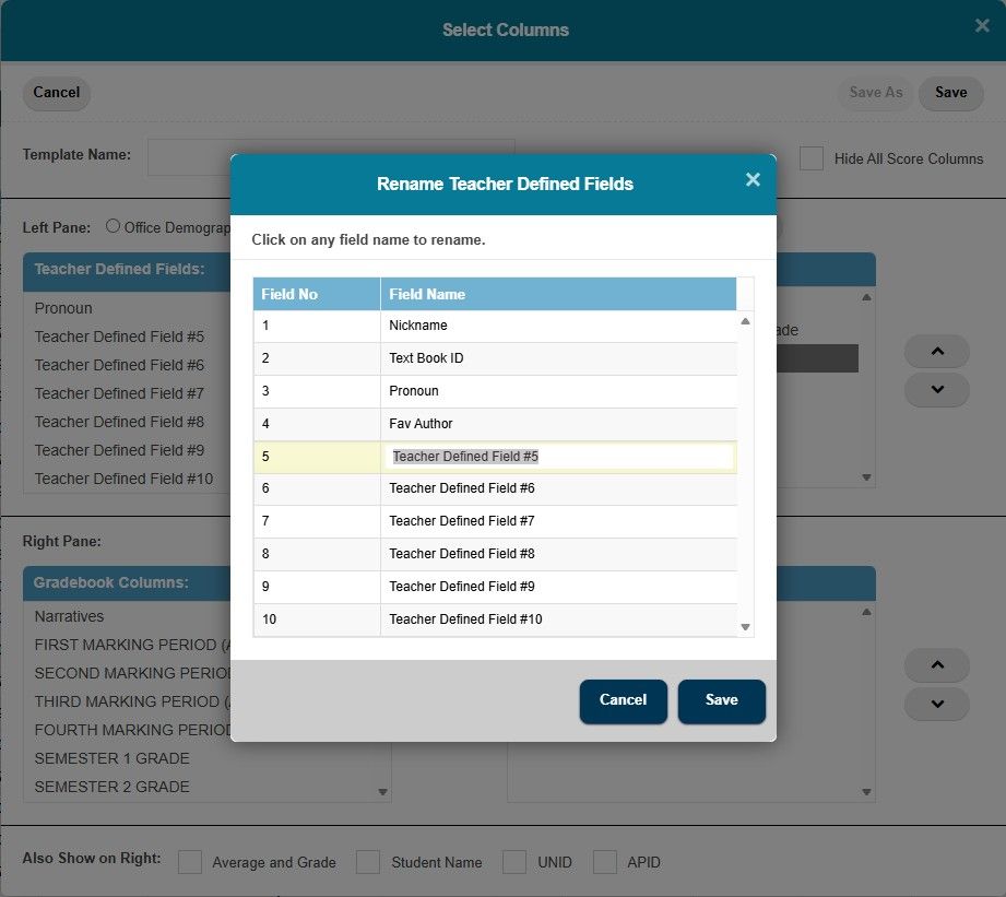 TeacherPlus Gradebook Set Teacher Defined Fields