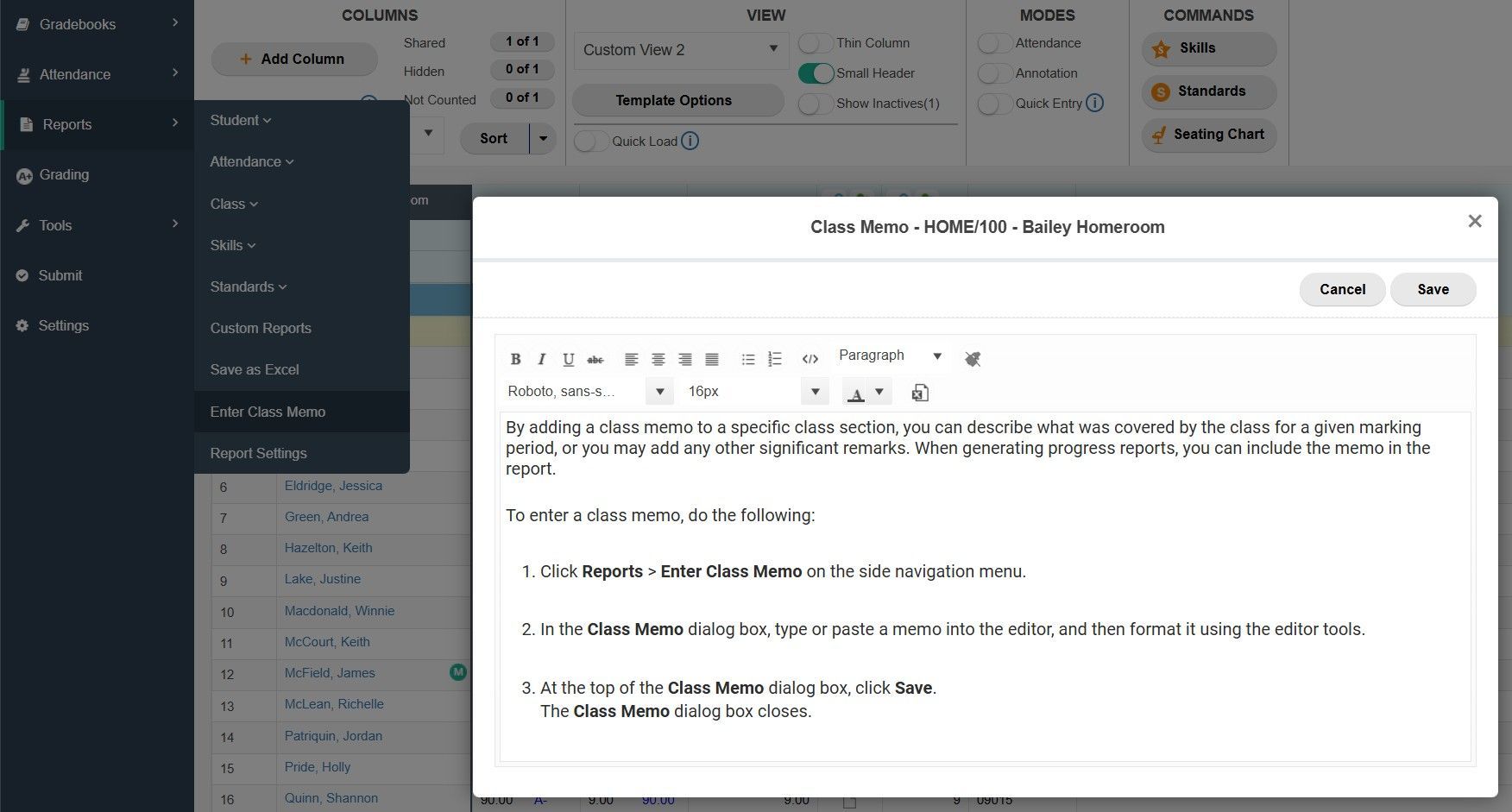 TeacherPlus Gradebook Class Memo