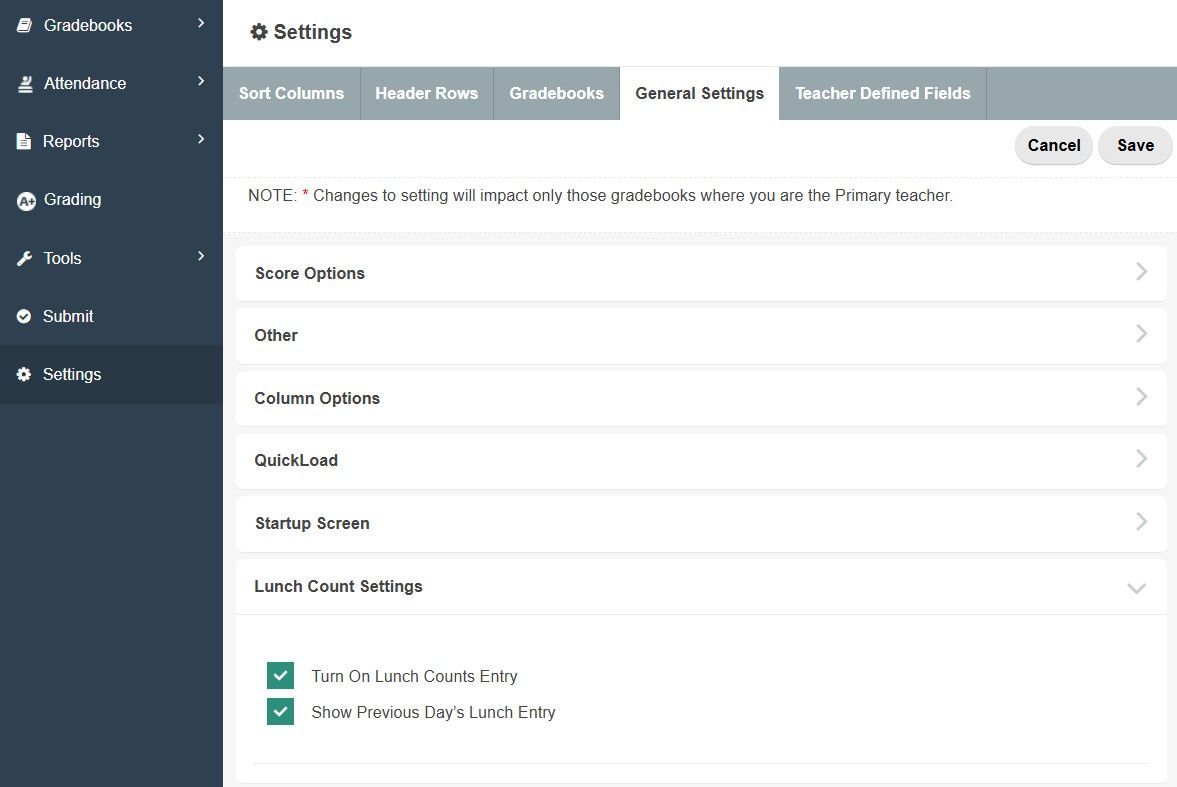 TeacherPlus Gradebook Lunch Count Settings
