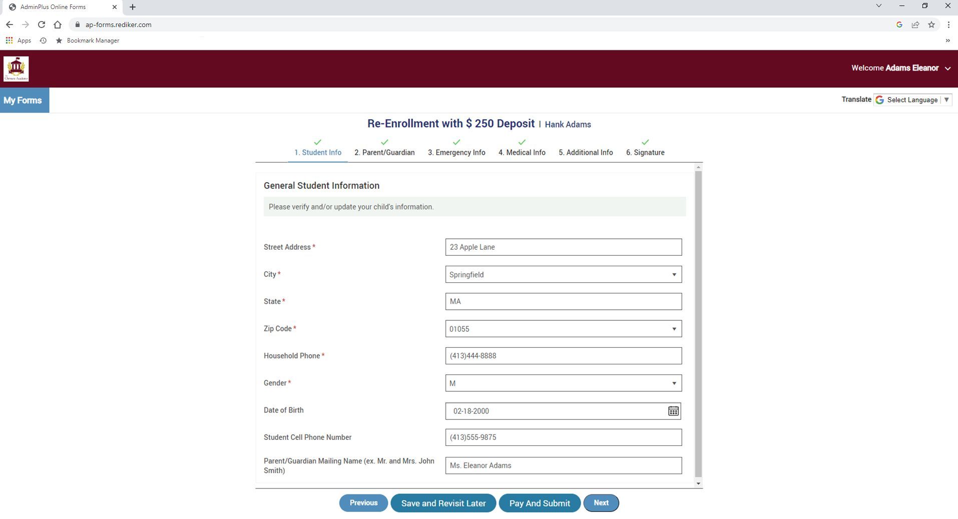 Re-Enrollment Sample - AdminPlus Online Forms