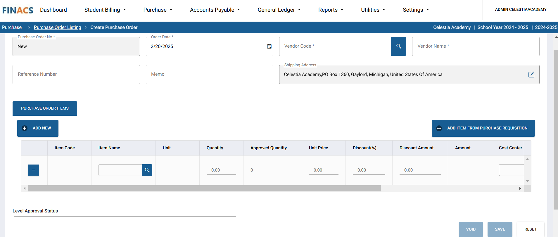 FINACS Core Accounting Create New Purchase Order