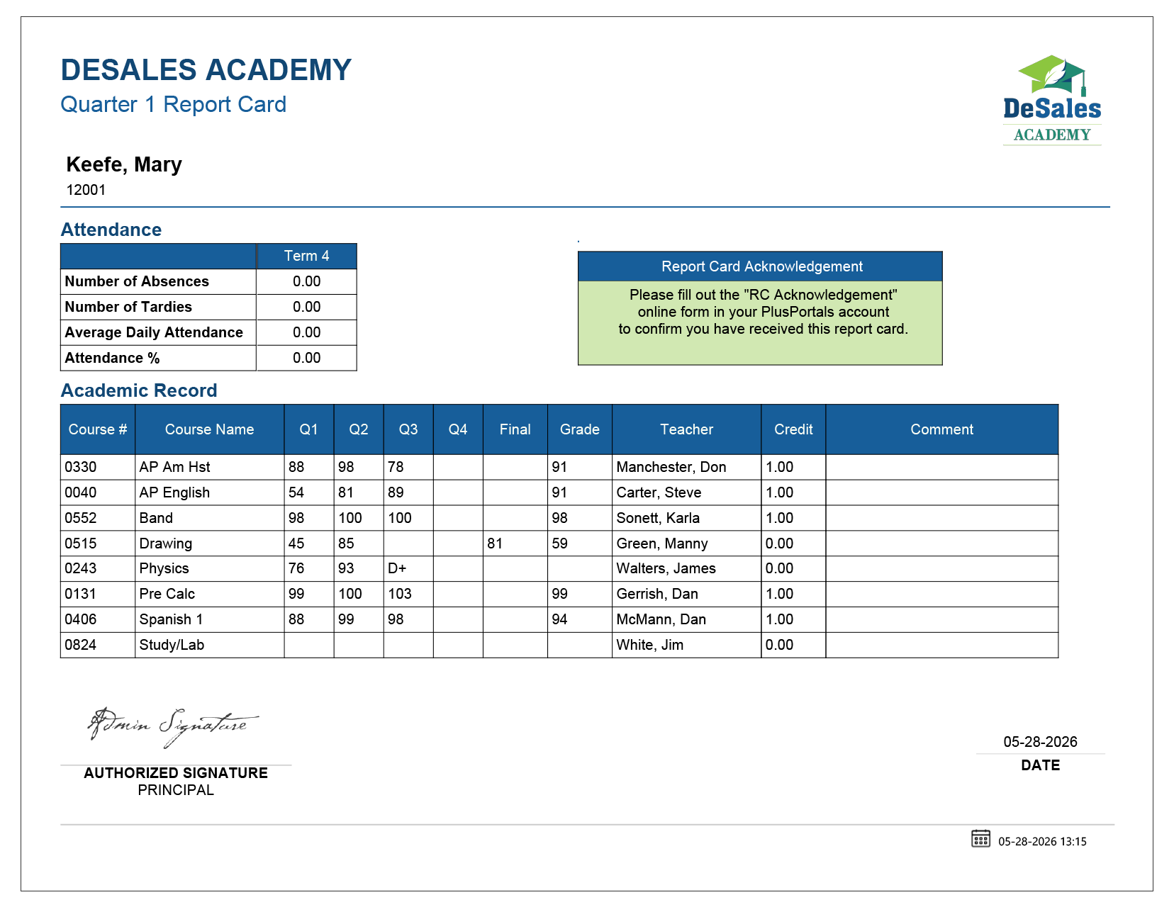 Report Card Sample