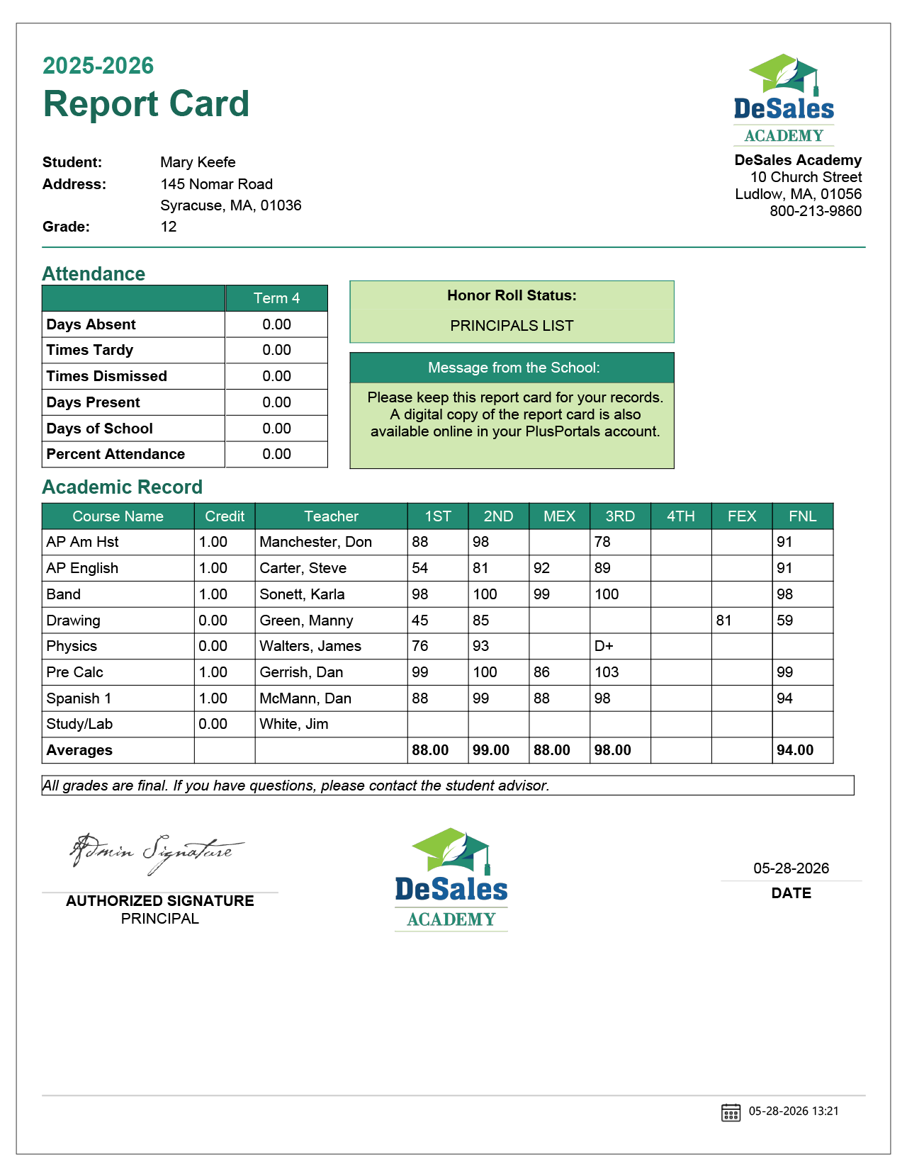 Report Card Sample