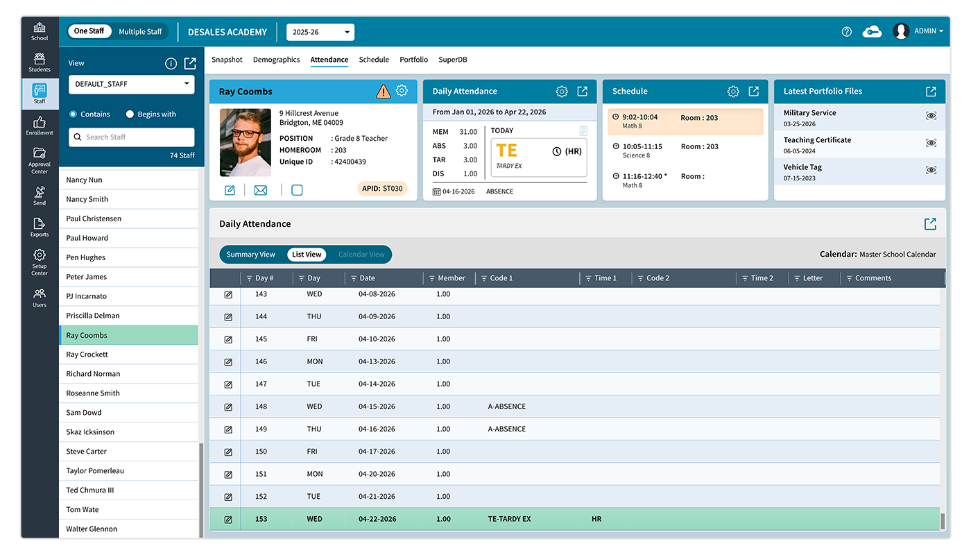 AdminPlus Staff Attendance List
