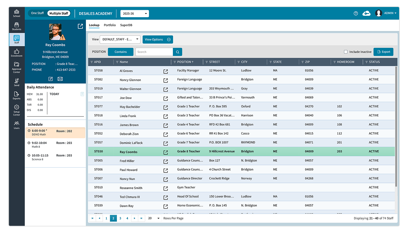 AdminPlus Multi-Staff Lookup Screen