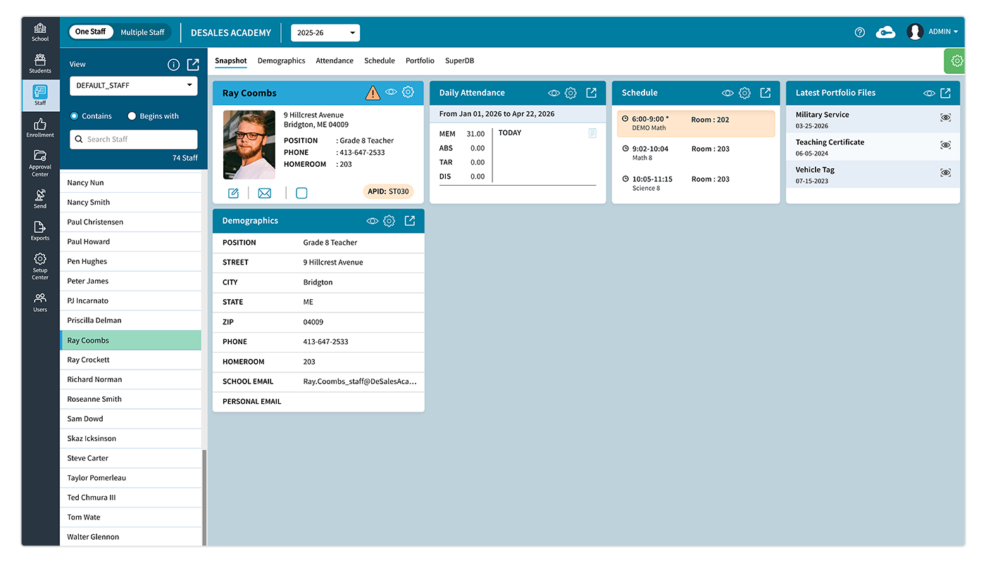 AdminPlus Staff Database Snapshot View