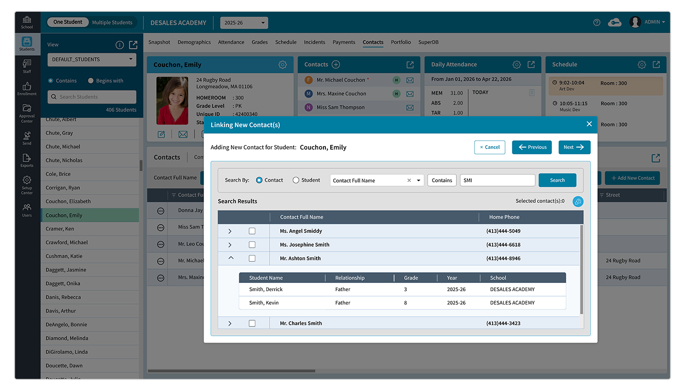 AdminPlus Linked Contacts Screen