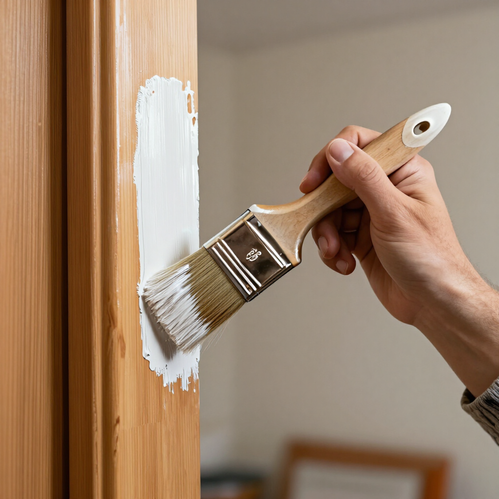 Witte verf met een kwast op een houten oppervlak aanbrengen