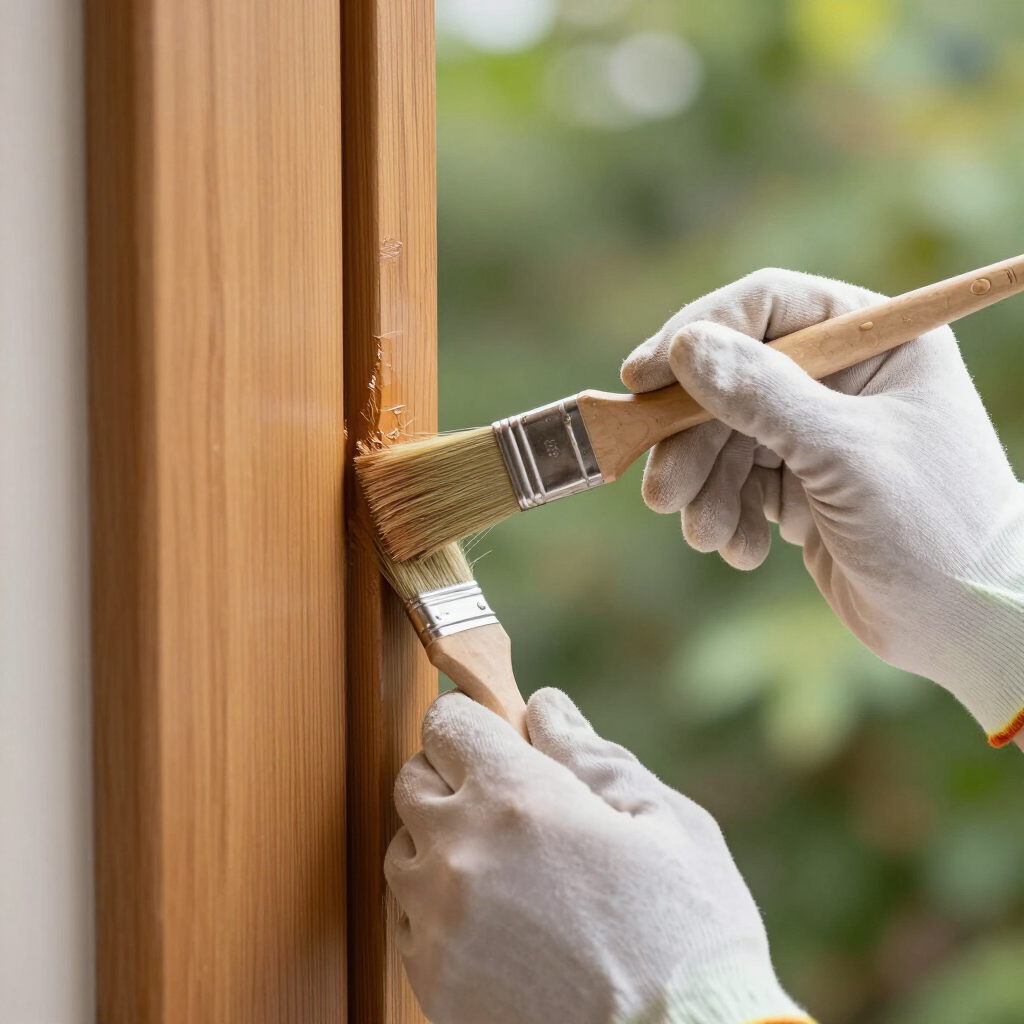 Gehandschoende handen die met een kwast een houten deurkozijn schilderen