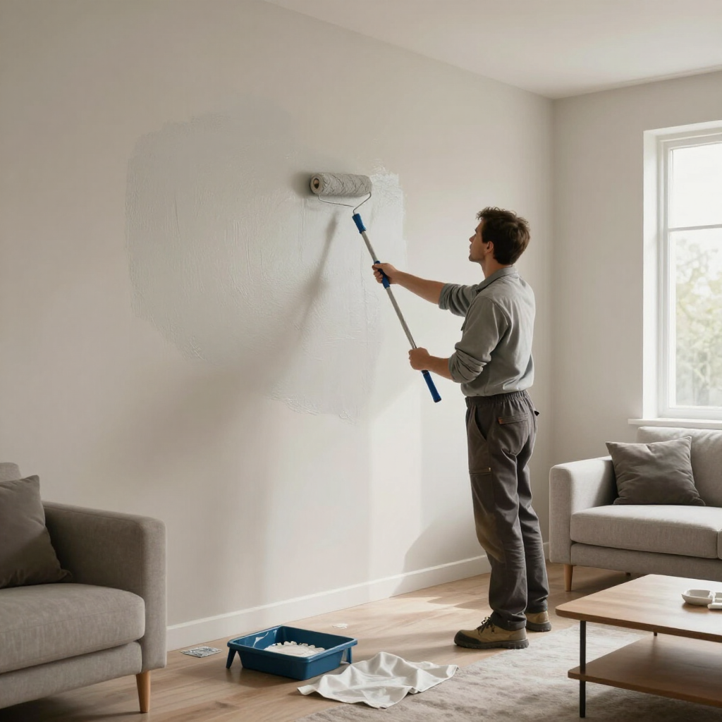 Persoon die met een roller een witte muur schildert in een lichte woonkamer