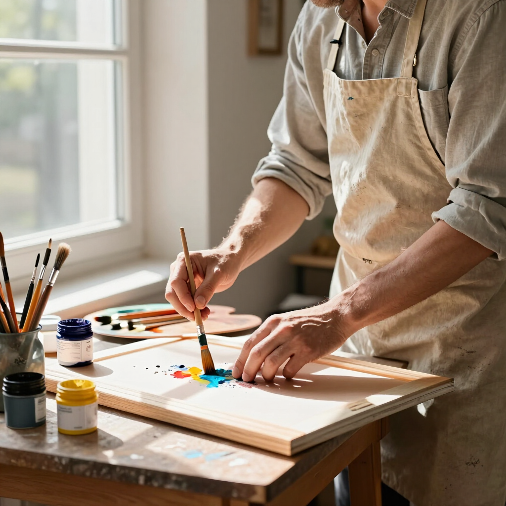 Persoon die aan een zonovergoten tafel schildert met penselen, een palet en aquarelbenodigdheden