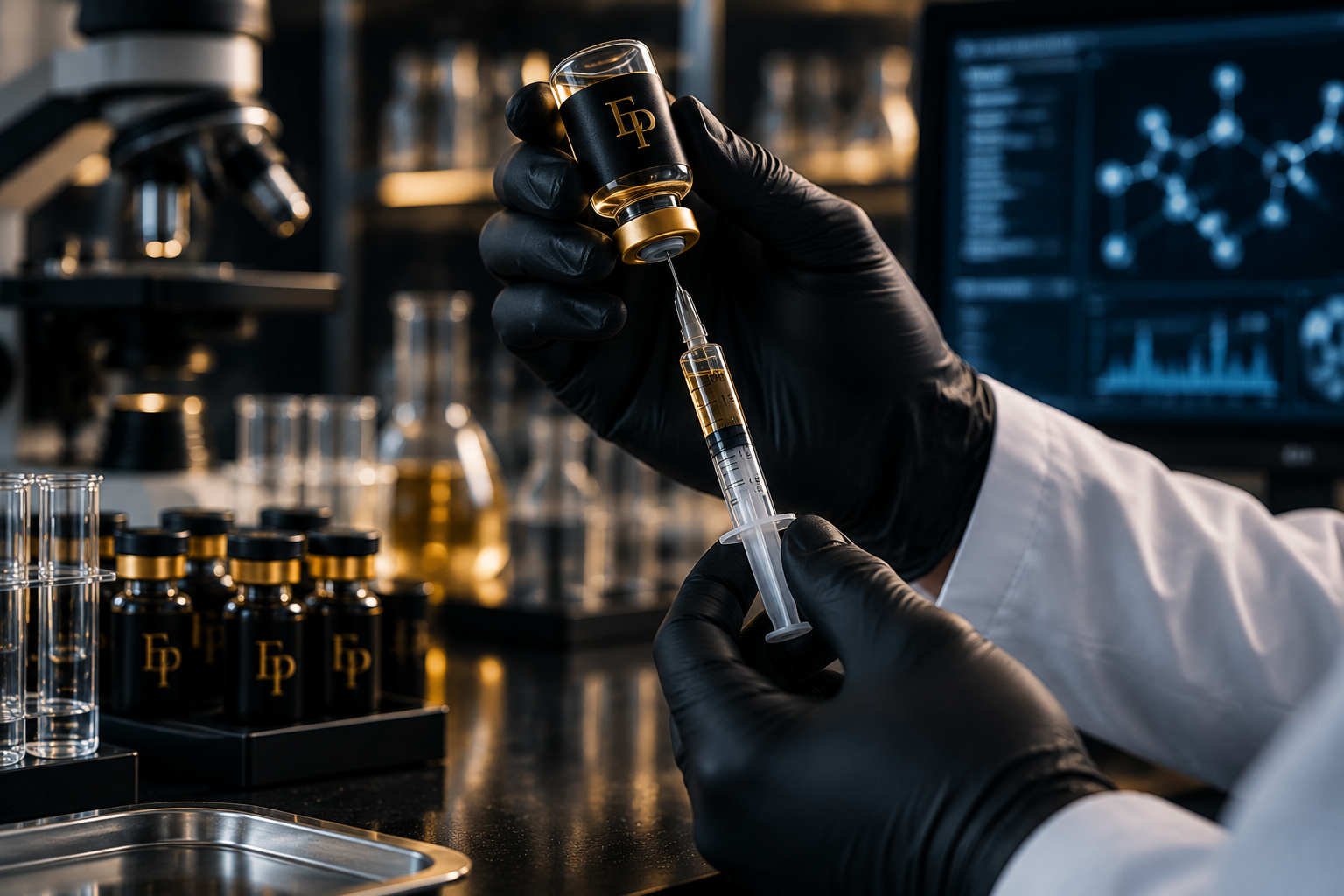 Gloved scientist pipetting liquid in a lab with vials, glassware, and monitors in the background