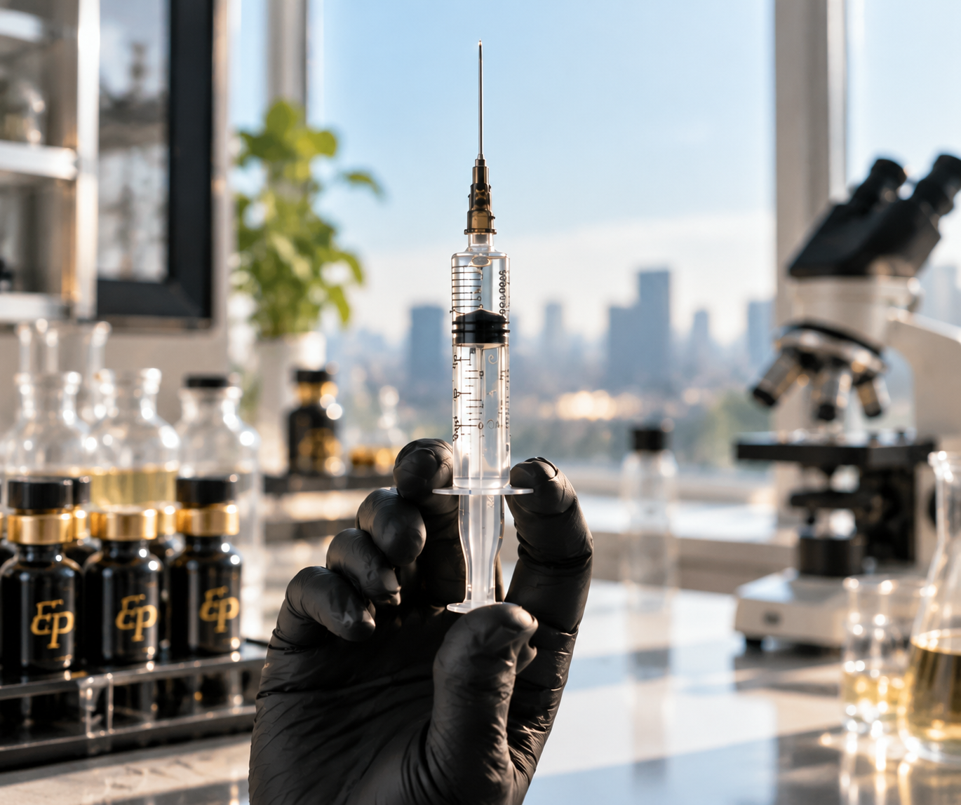 Gloved hand holding syringe in a bright lab with microscopes and city skyline beyond the windows