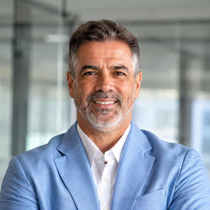 Smiling man in a light blue blazer standing in a modern office setting