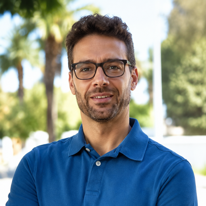 Man wearing glasses and a blue polo shirt standing outdoors with palm trees in the background