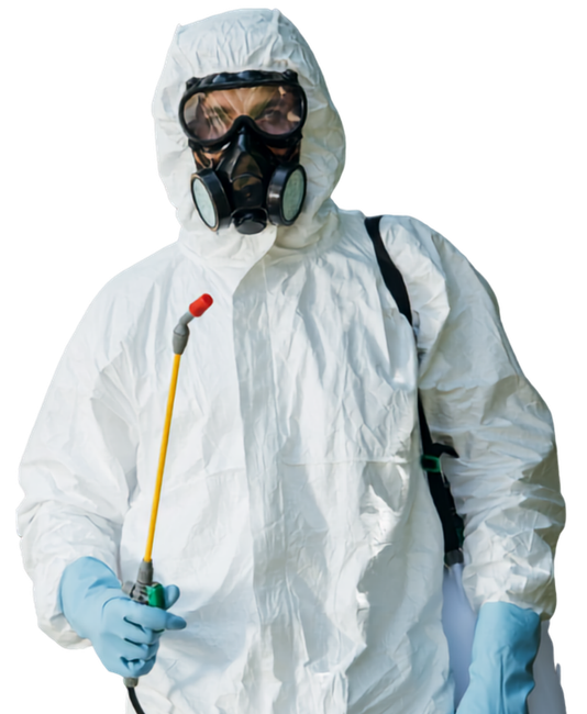 Person in white hazmat suit, gas mask, and blue gloves holding a spray nozzle.