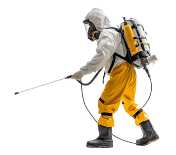 Worker in white protective suit spraying with a backpack sprayer, wearing yellow pants and black boots.