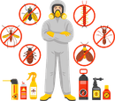 Pest control worker in hazmat suit surrounded by icons of insects and pesticide sprayers
