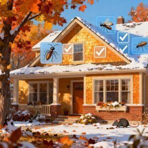 Autumn house with insect labels, blue checkmarks, and a mouse in the snowy yard