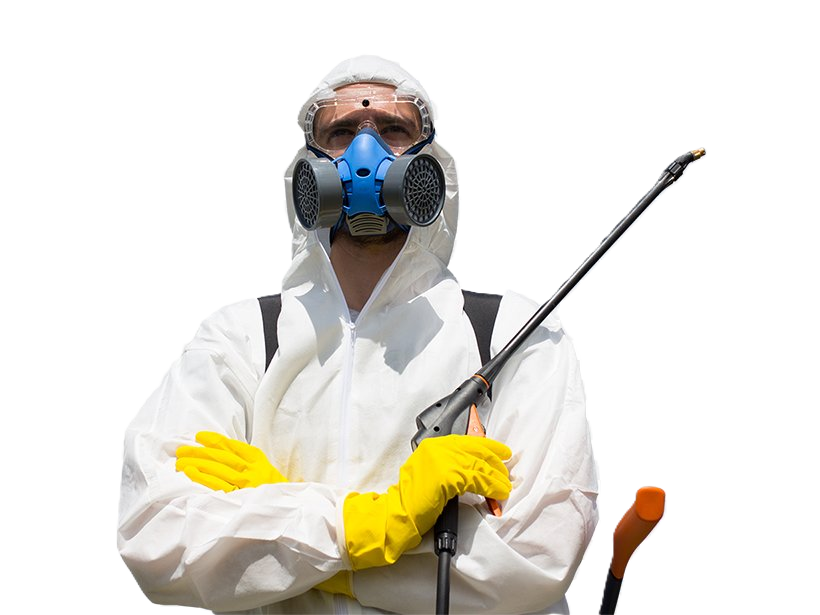 Person in white hazmat suit, gas mask, and yellow gloves holding a spray wand.