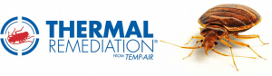 Thermal Remediation logo with bed bug graphic and blue-red circular icon on white background