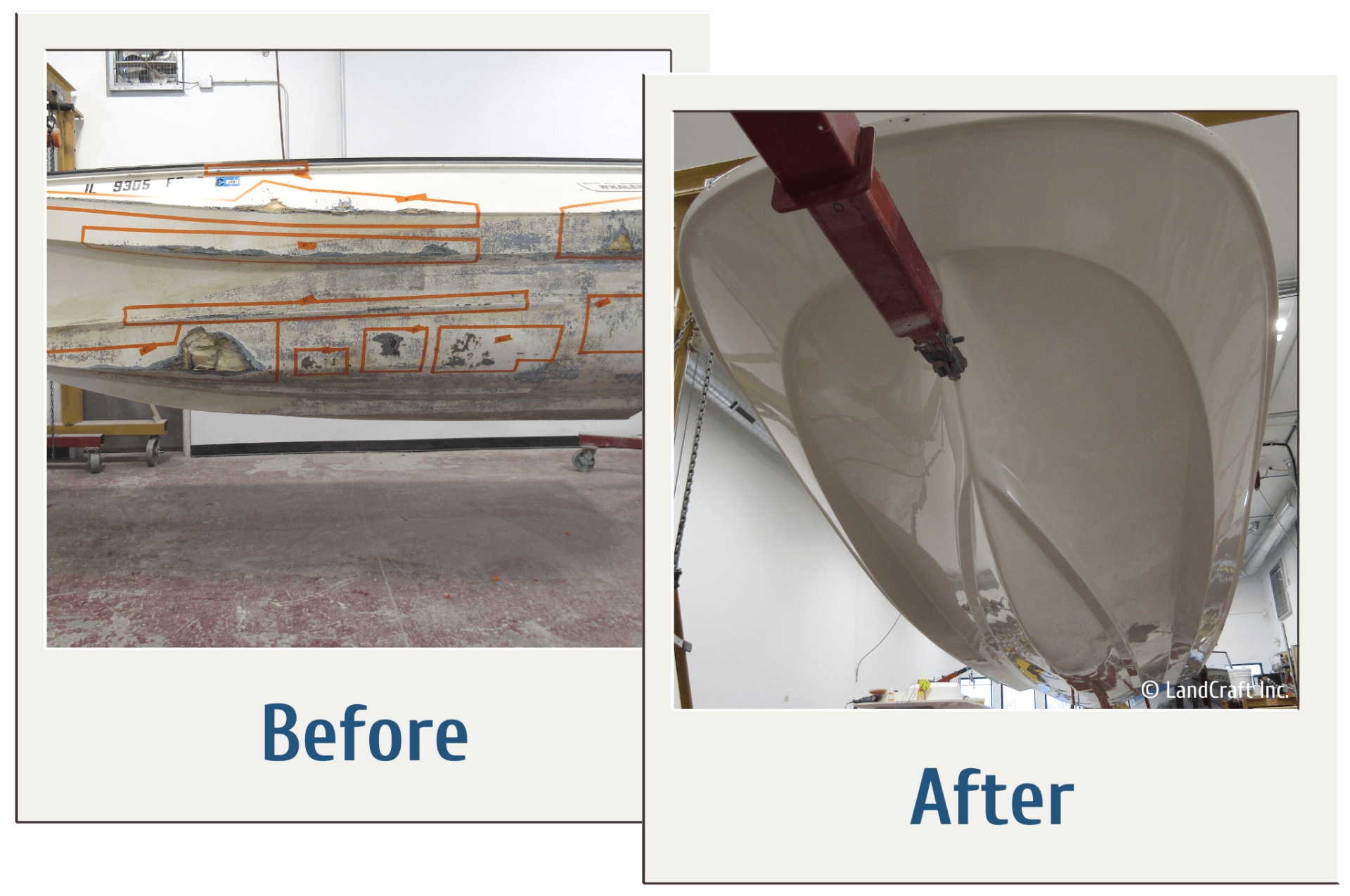 Before and after of major structural damage repair on a fiberglass Boston Whaler