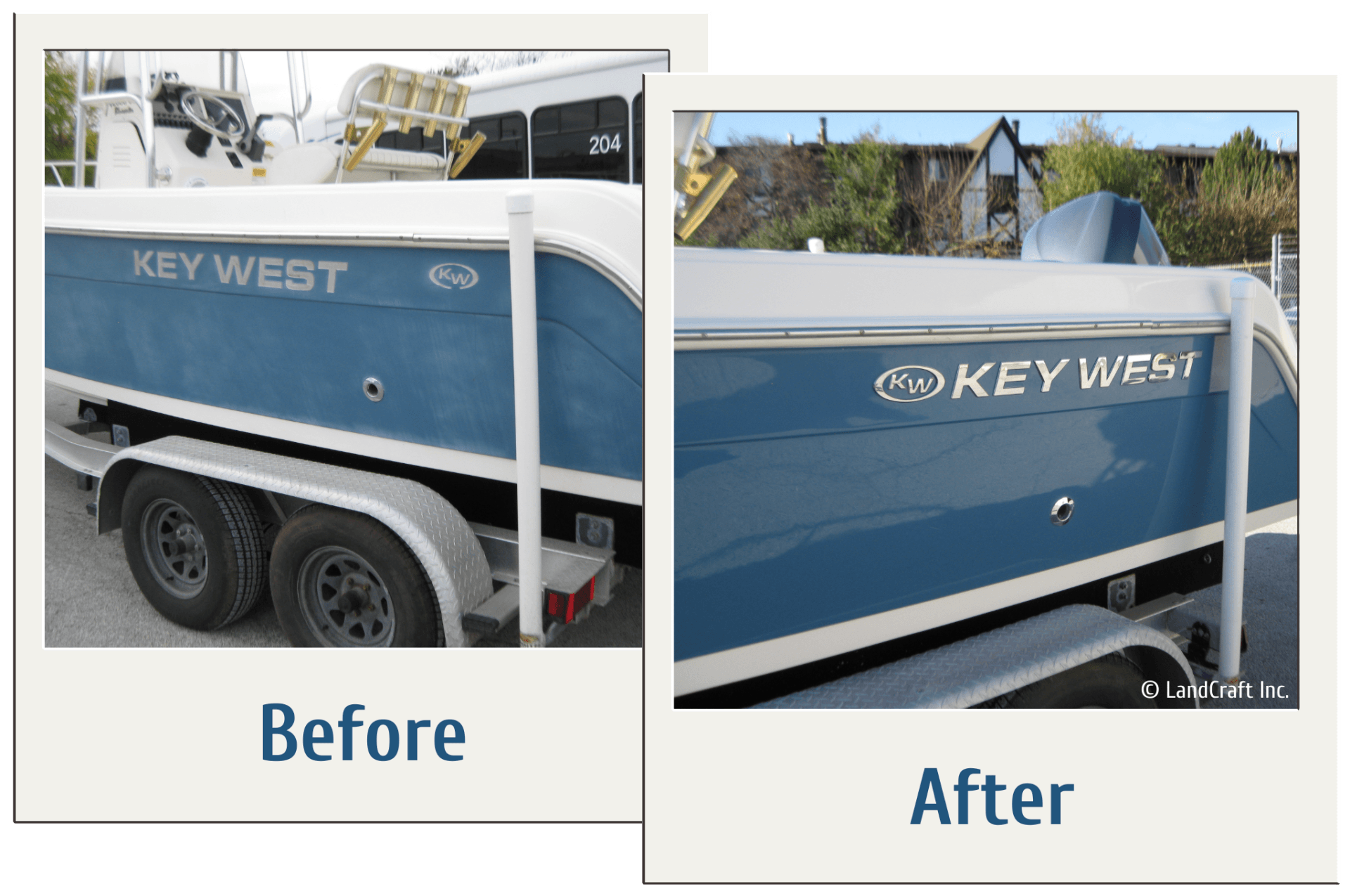 Before and after of boat gelcoat refurbishing
