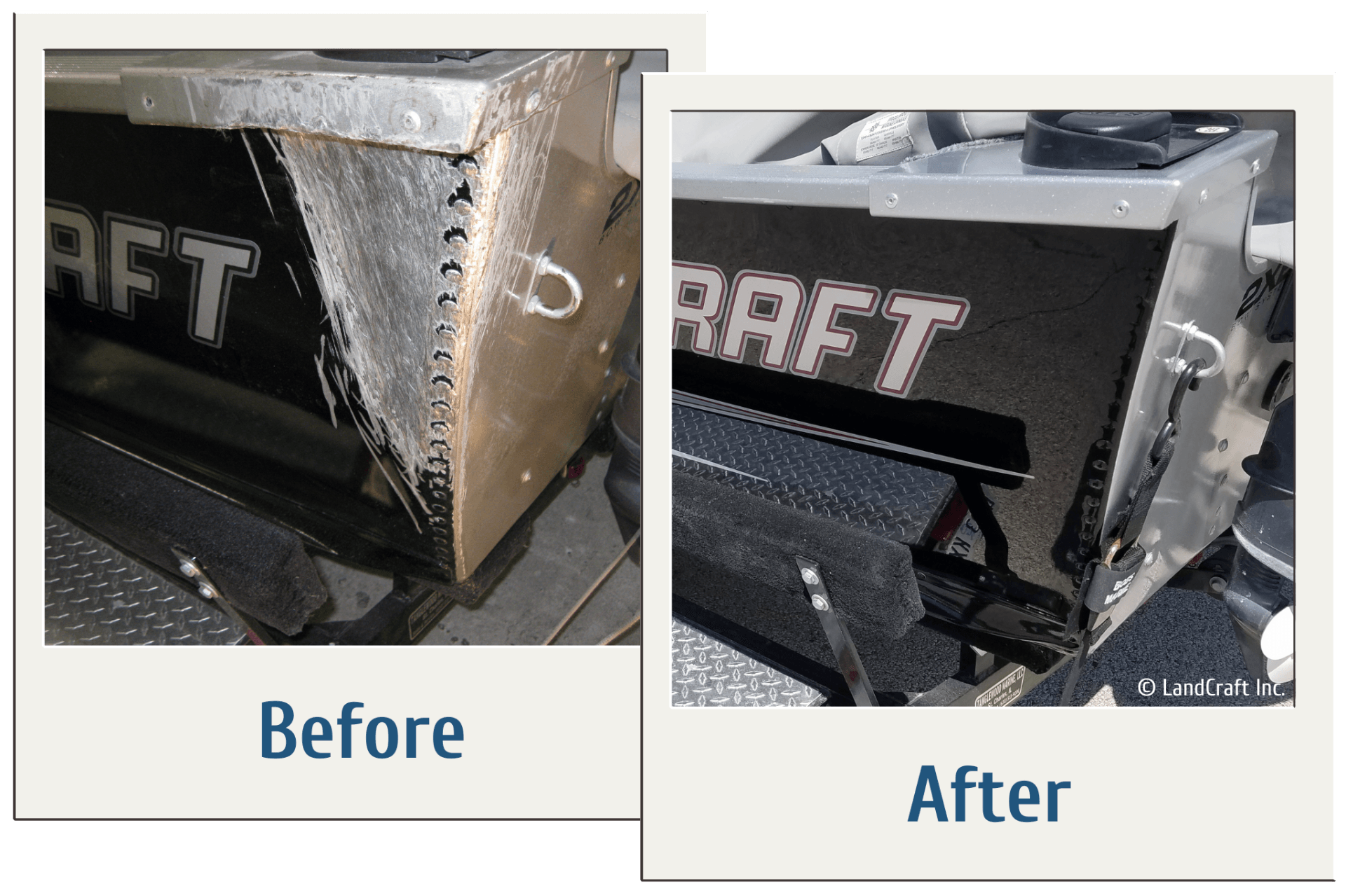 Before and after of an aluminum dent repair on an aluminum boat