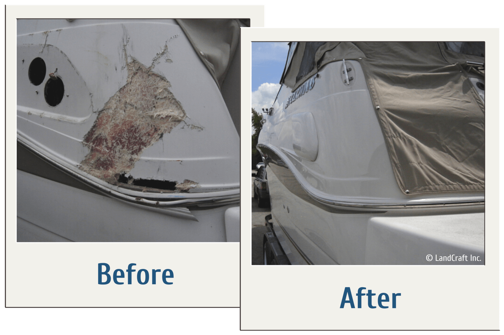 Before and after of a structural fiberglass repair on a boat