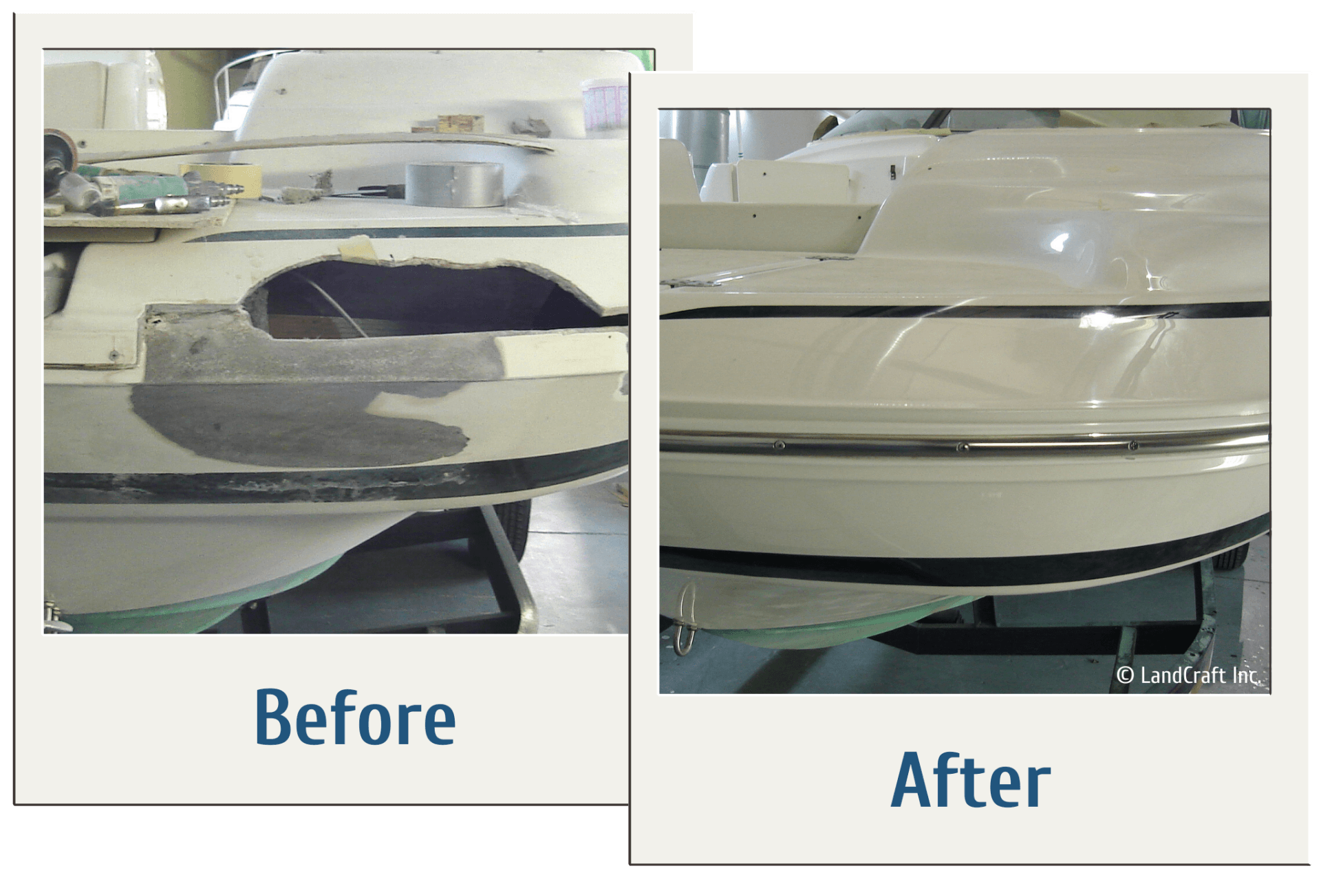Before and after of a structural fiberglass repair on a boat