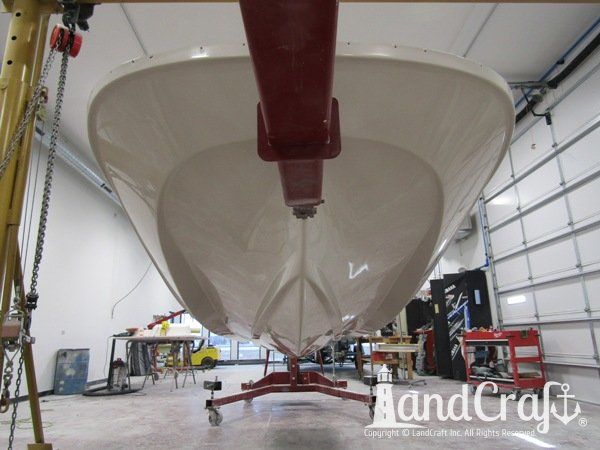 Boston Whaler with gelcoat refinishing completed on the bottom hull