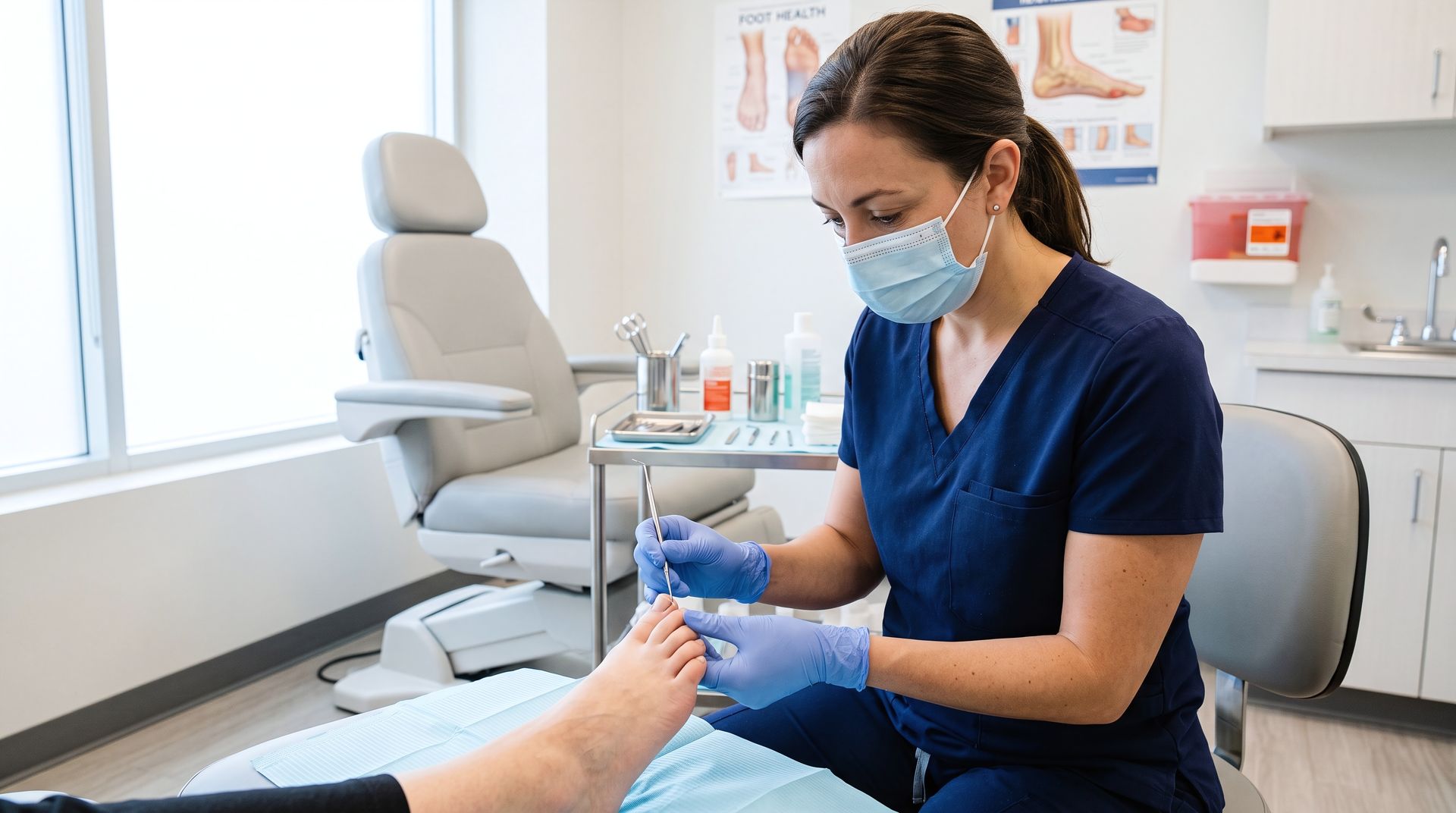 Podiatrist examining a patient’s foot during an exam in a treatment room.