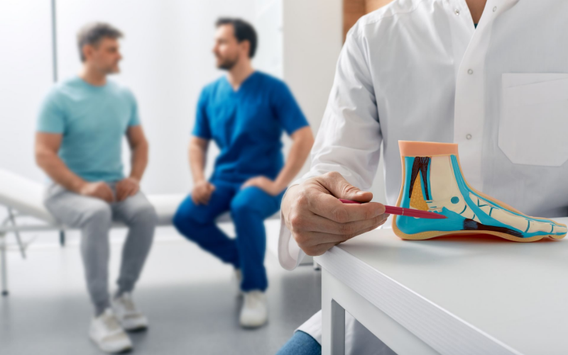 Doctor pointing to a foot model while discussing ankle structure and care during a consultation. Doctor pointing to a foot model while discussing ankle structure and care during a consultation.