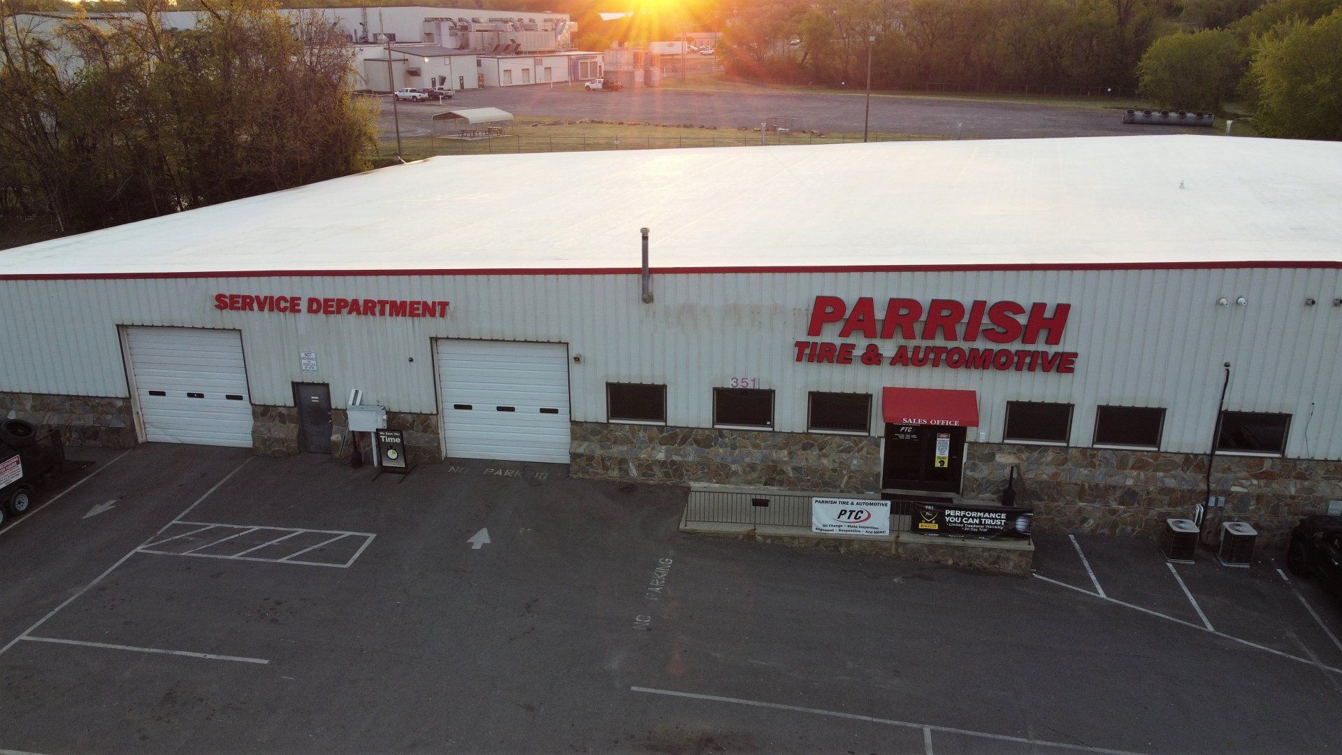 An aerial view of a parrish tire and automotive service department