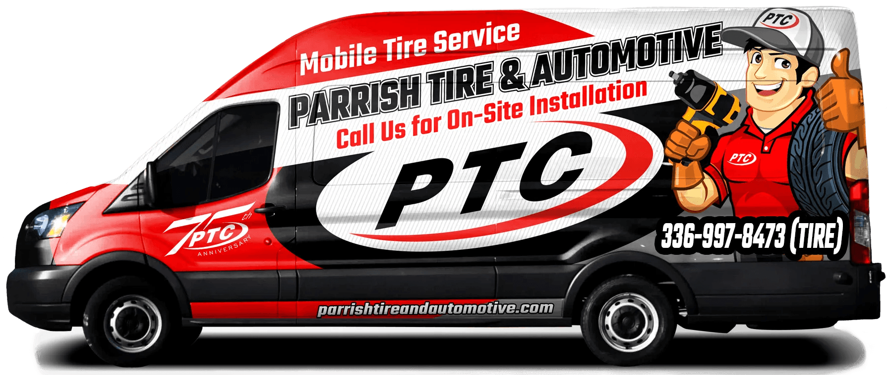 A red and white van with a ptc logo on the side.